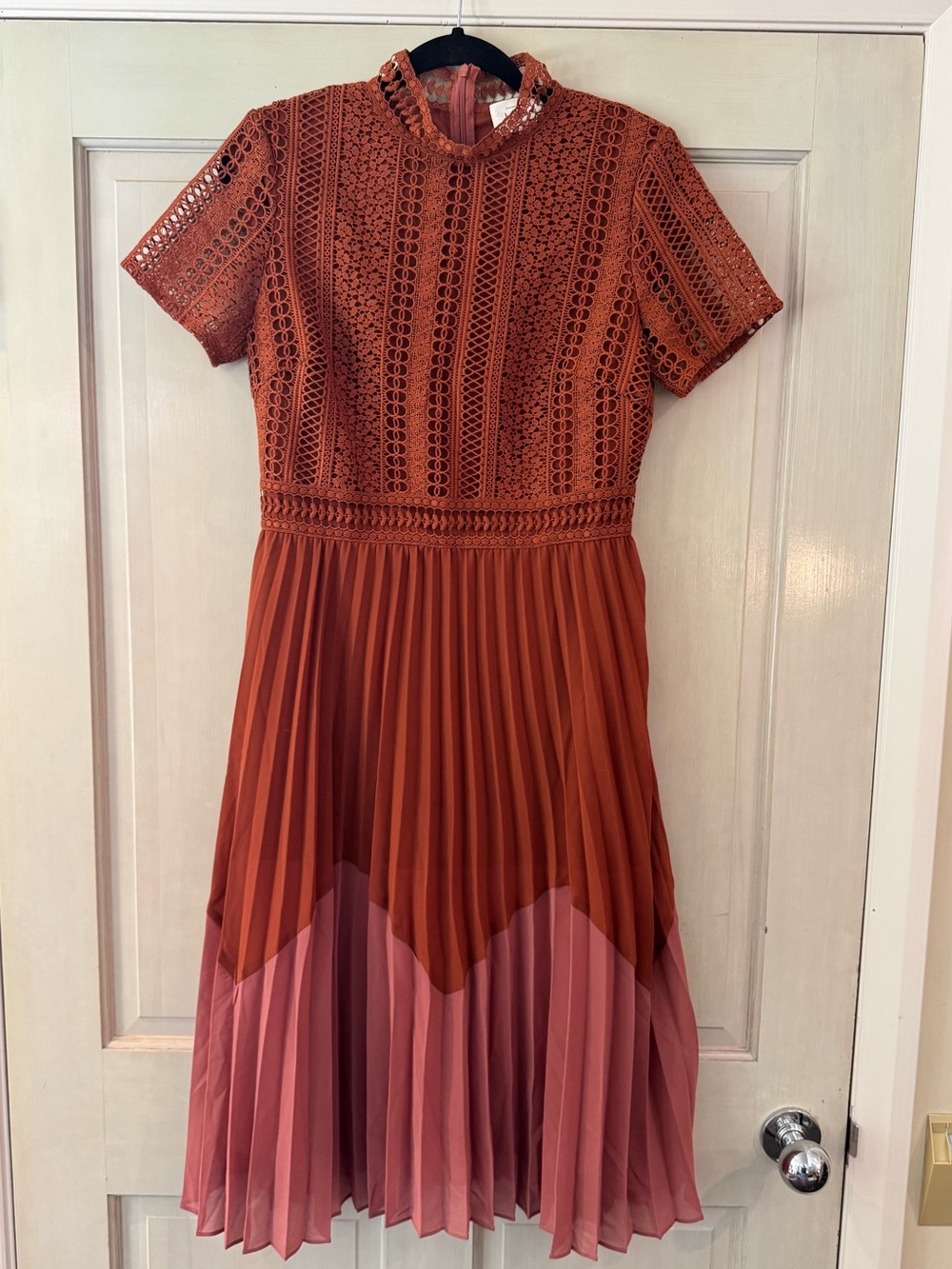 Bohme Sophia Color Block Dress in rust feature pleated skirt lace bodice